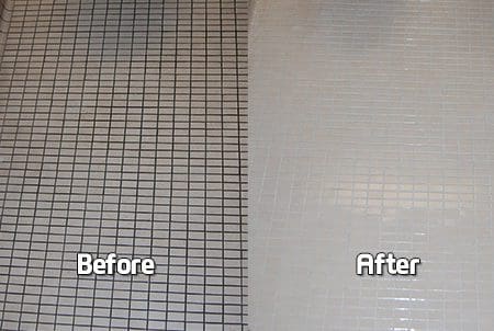 dirty black grout lines before, shiny and clean after EPIC
