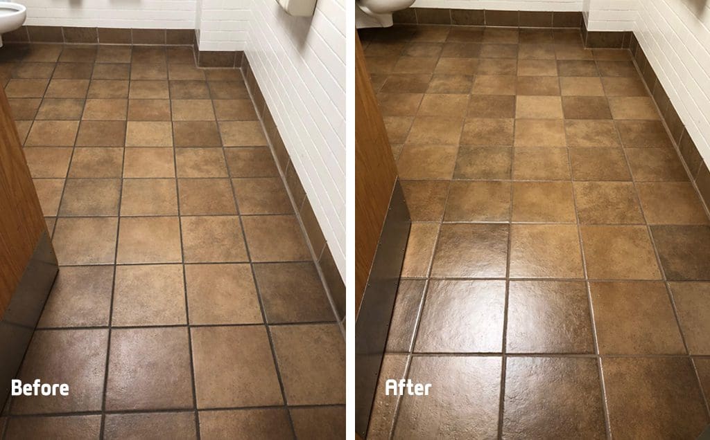 before & after sealed tile restroom floor